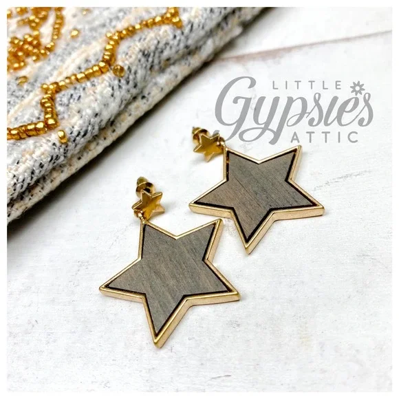 Wooden Stars in Gold Earrings - Picture 5 of 7